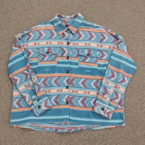 Rock & Roll Denim Women's Shacket Shirt Jacket - Blue Coral Burgundy Print